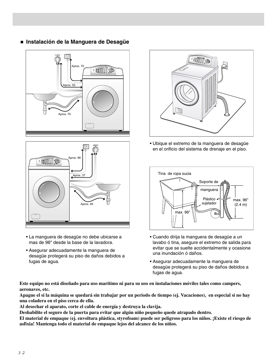 Instrucciones de instalación, Instalación de la manguera de desagüe | LG WM0642H User Manual | Page 33 / 48