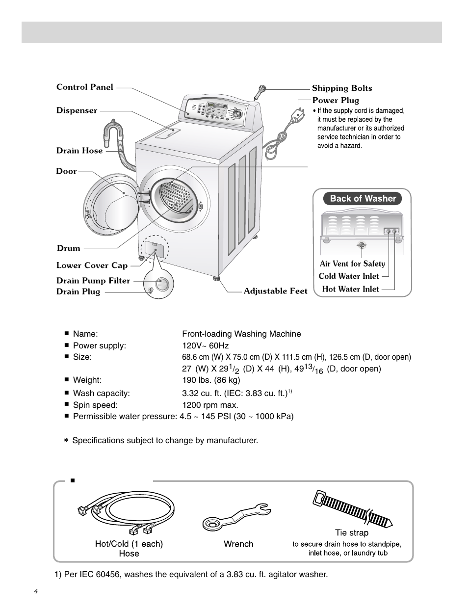Specifications, Accessories | LG WM0642H User Manual | Page 5 / 48