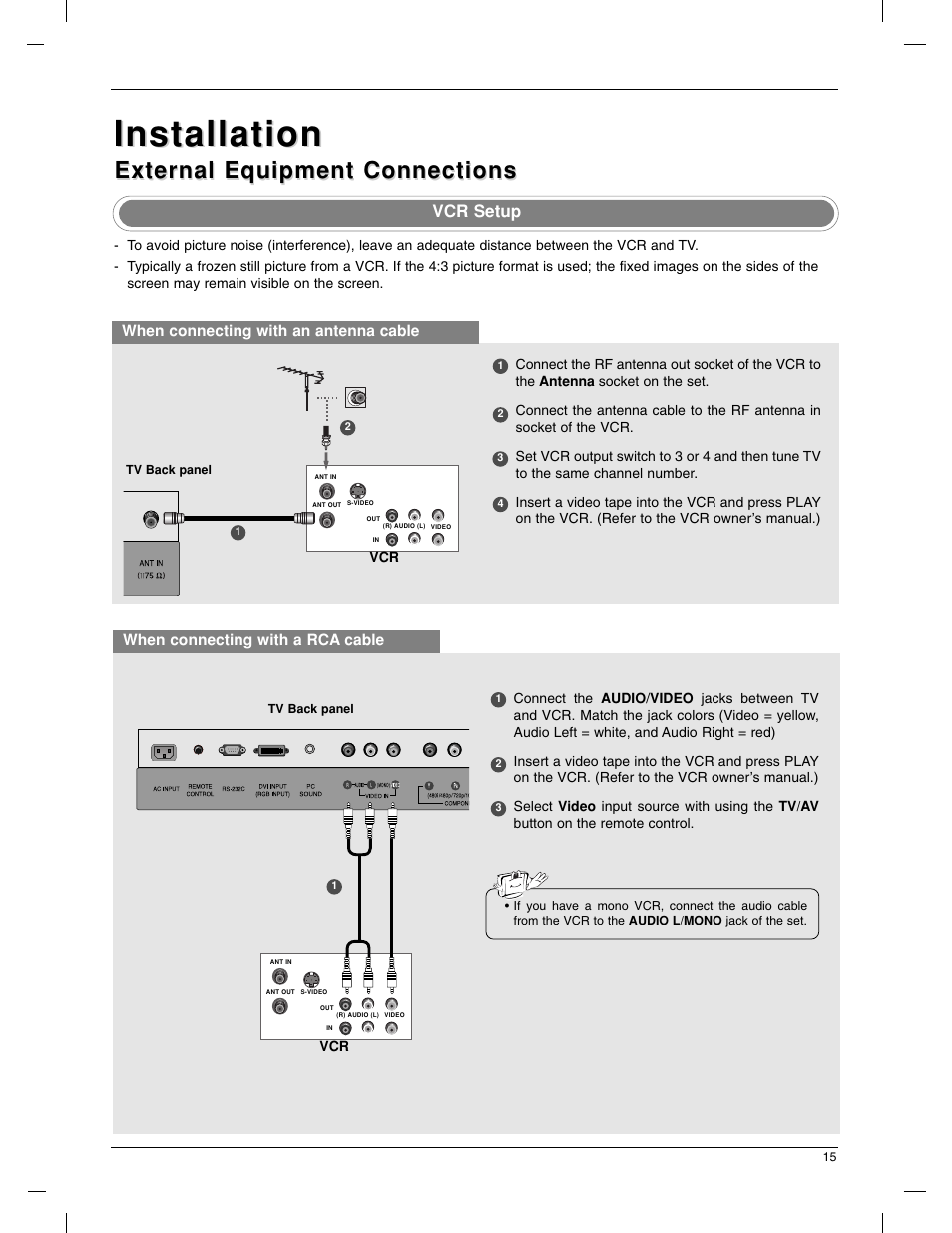 Installation, External equipment connections, Vcr setup | LG 23LX1RV User Manual | Page 15 / 68