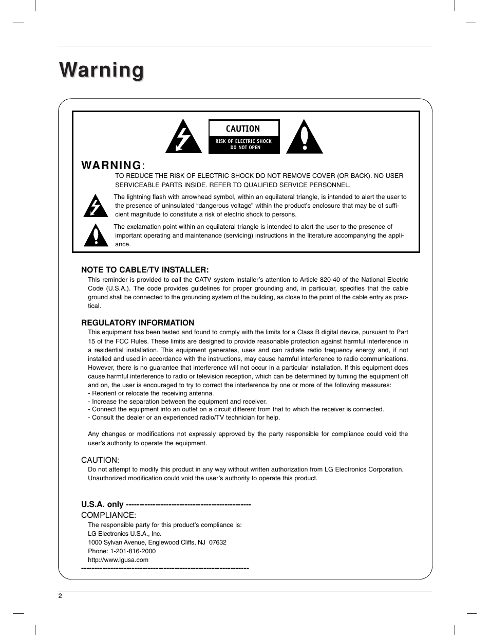 Warning arning | LG 23LX1RV User Manual | Page 2 / 68