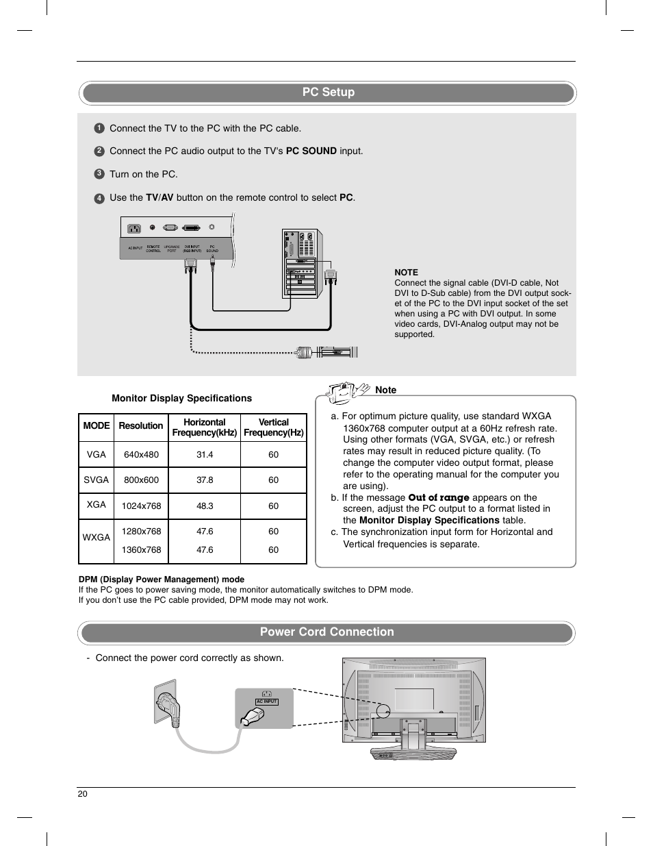 Power cord connection, Pc setup | LG 23LX1RV User Manual | Page 20 / 68