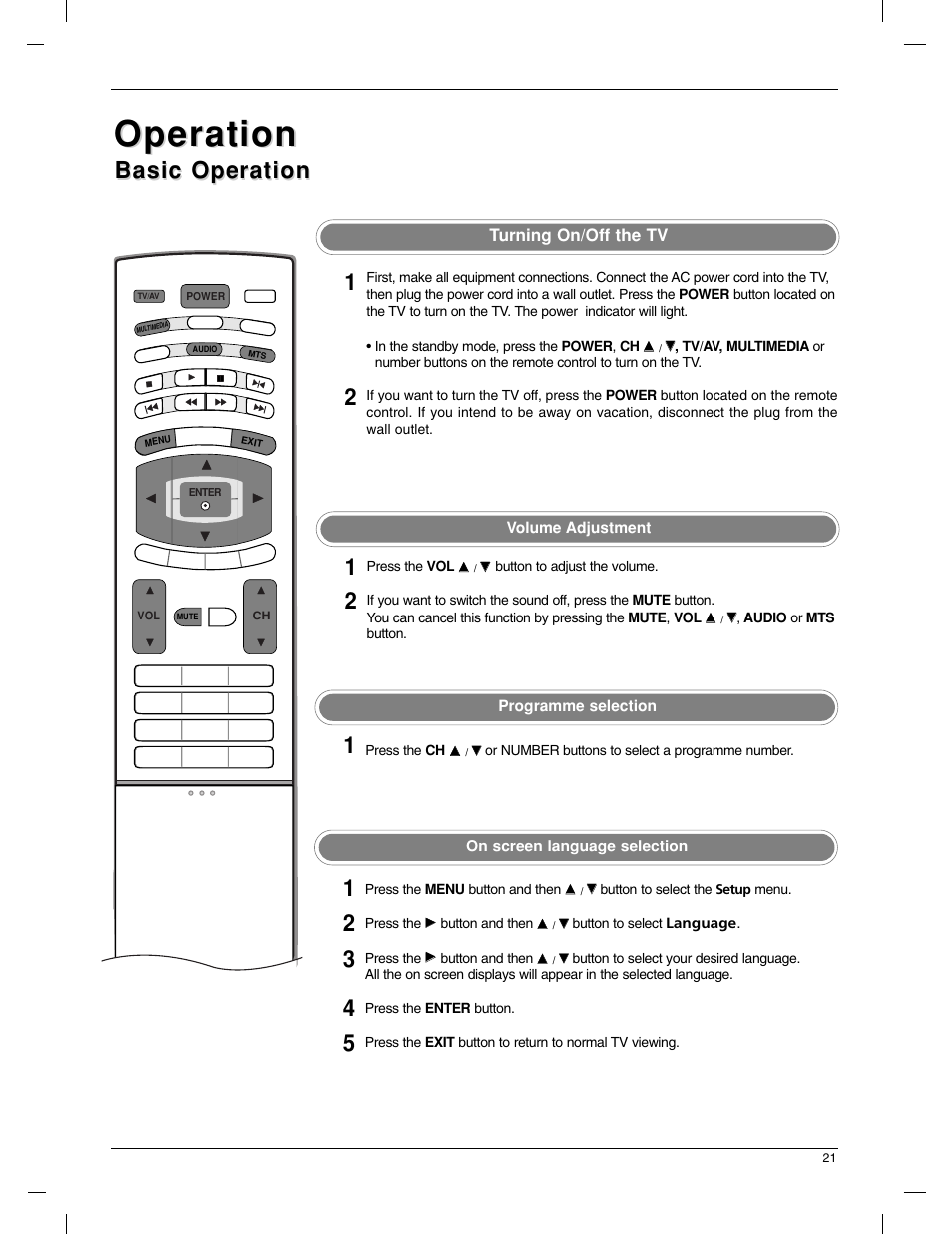 Operation, Basic operation, Turning on/off the tv | LG 23LX1RV User Manual | Page 21 / 68