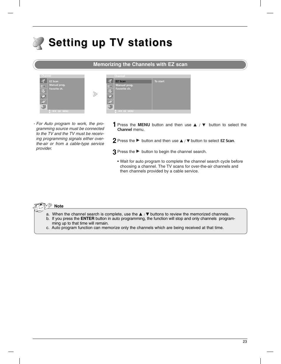 Setting up tv stations | LG 23LX1RV User Manual | Page 23 / 68