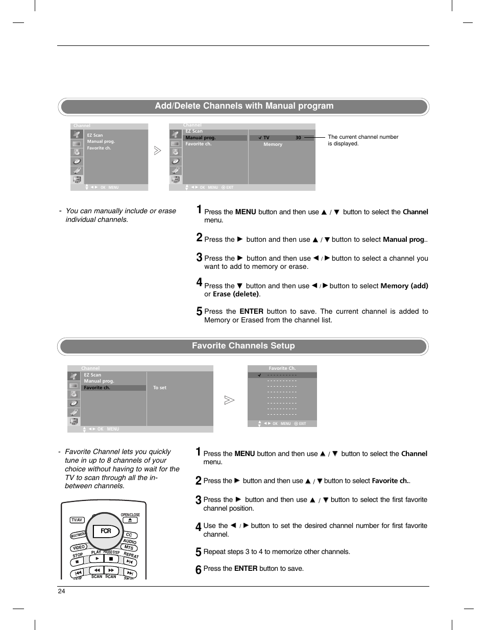 Add/delete channels with manual program, Favorite channels setup | LG 23LX1RV User Manual | Page 24 / 68