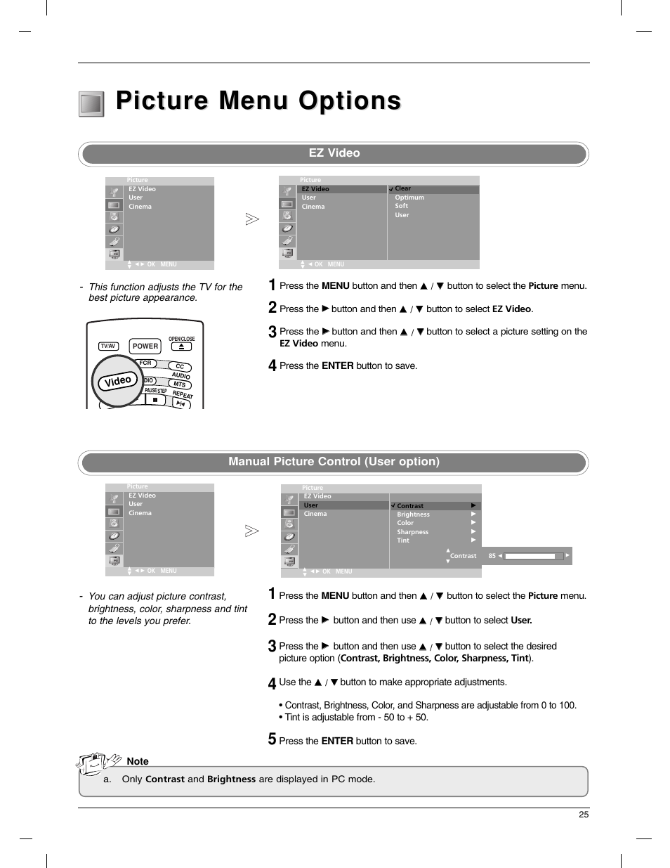 Picture menu options, Ez video, Manual picture control (user option) | LG 23LX1RV User Manual | Page 25 / 68