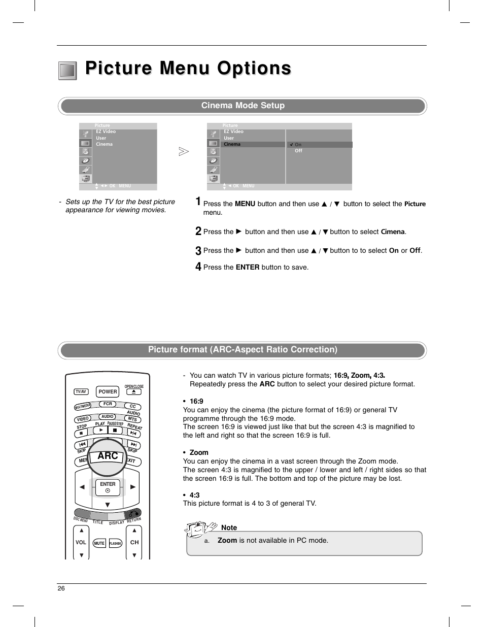 Picture menu options, Picture format (arc-aspect ratio correction), Cinema mode setup | LG 23LX1RV User Manual | Page 26 / 68