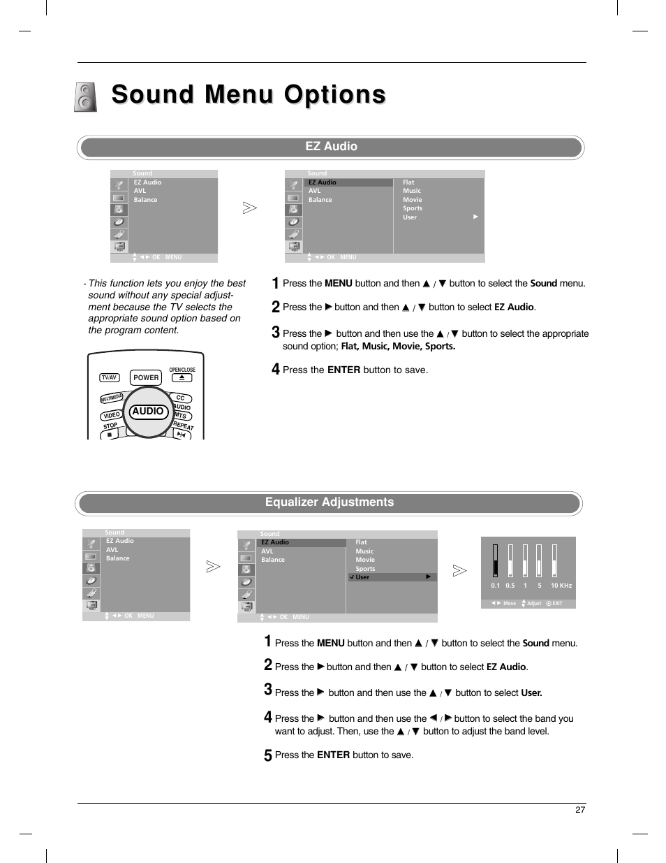 Sound menu options, Equalizer adjustments, Ez audio | LG 23LX1RV User Manual | Page 27 / 68