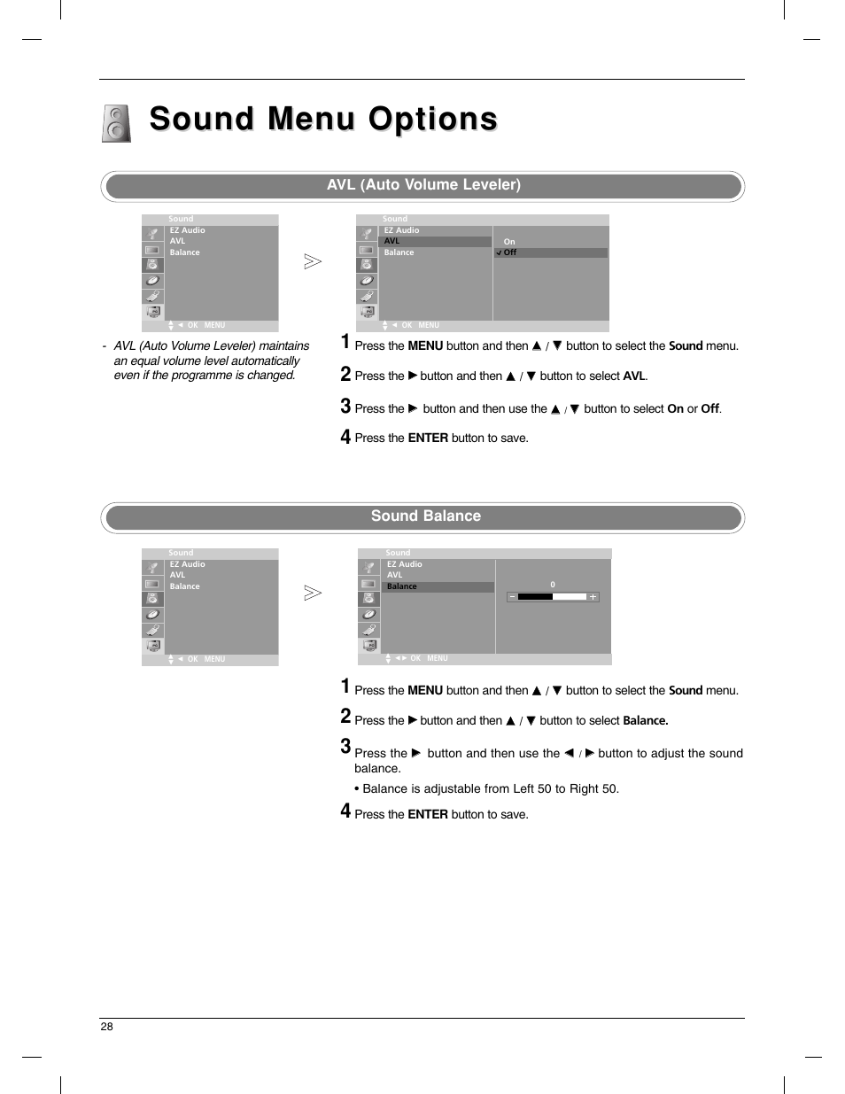 Sound menu options, Auto volume leveler), Sound balance | LG 23LX1RV User Manual | Page 28 / 68