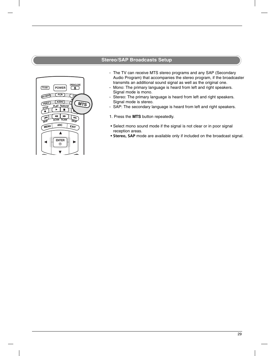 Stereo/sap broadcasts setup | LG 23LX1RV User Manual | Page 29 / 68