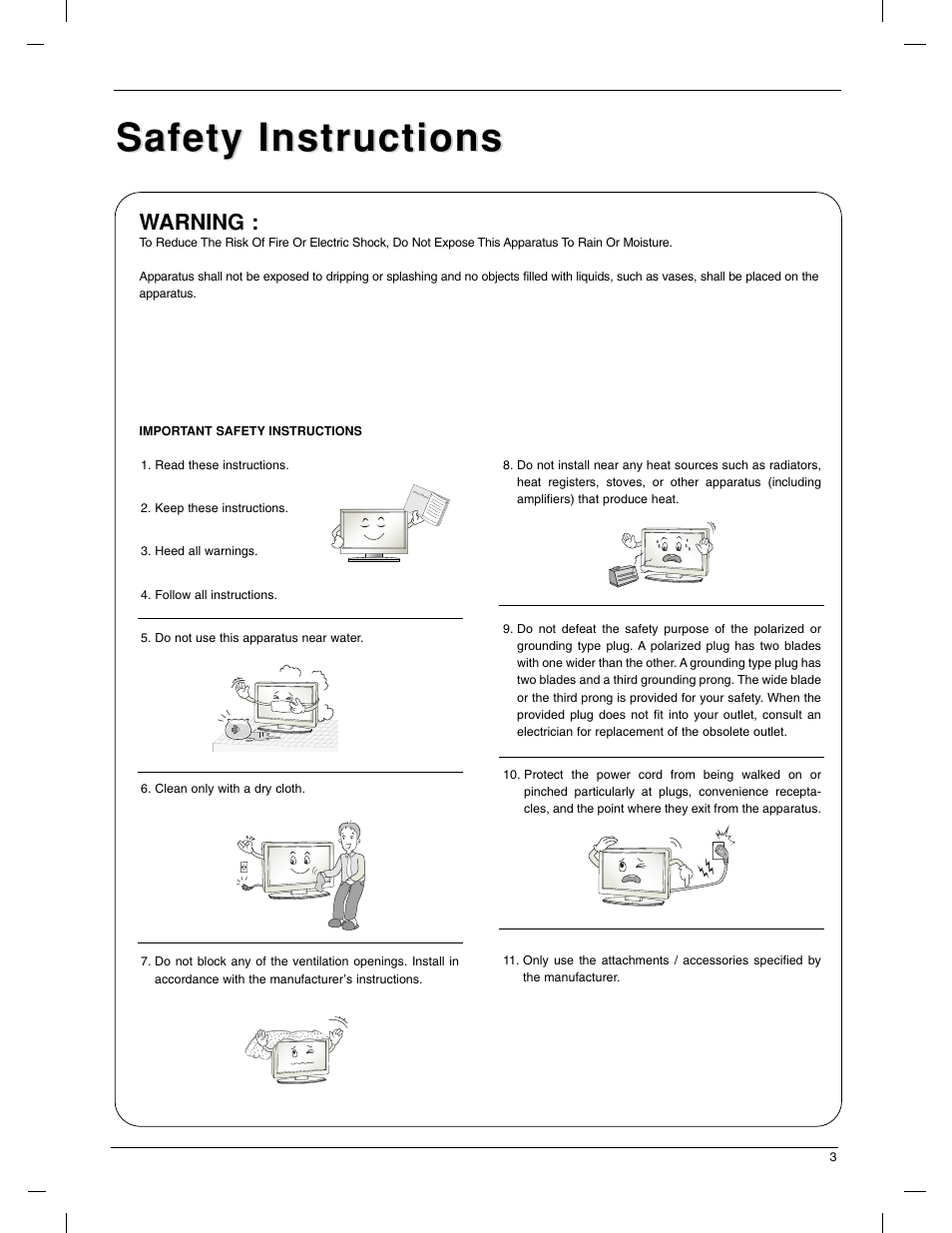 Safety instructions, Warning | LG 23LX1RV User Manual | Page 3 / 68