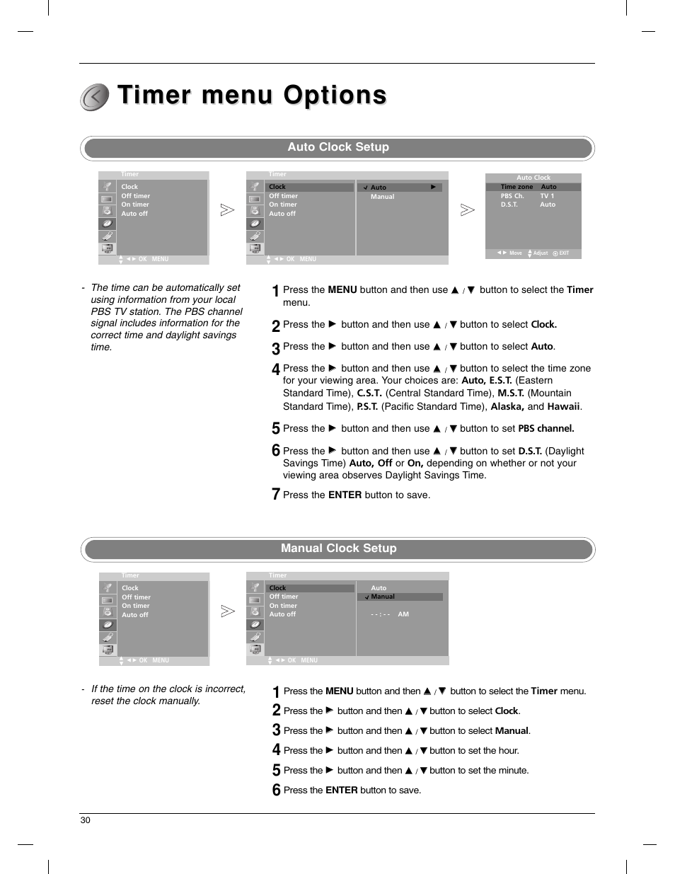 Timer menu options imer menu options, Auto clock setup, Manual clock setup | LG 23LX1RV User Manual | Page 30 / 68