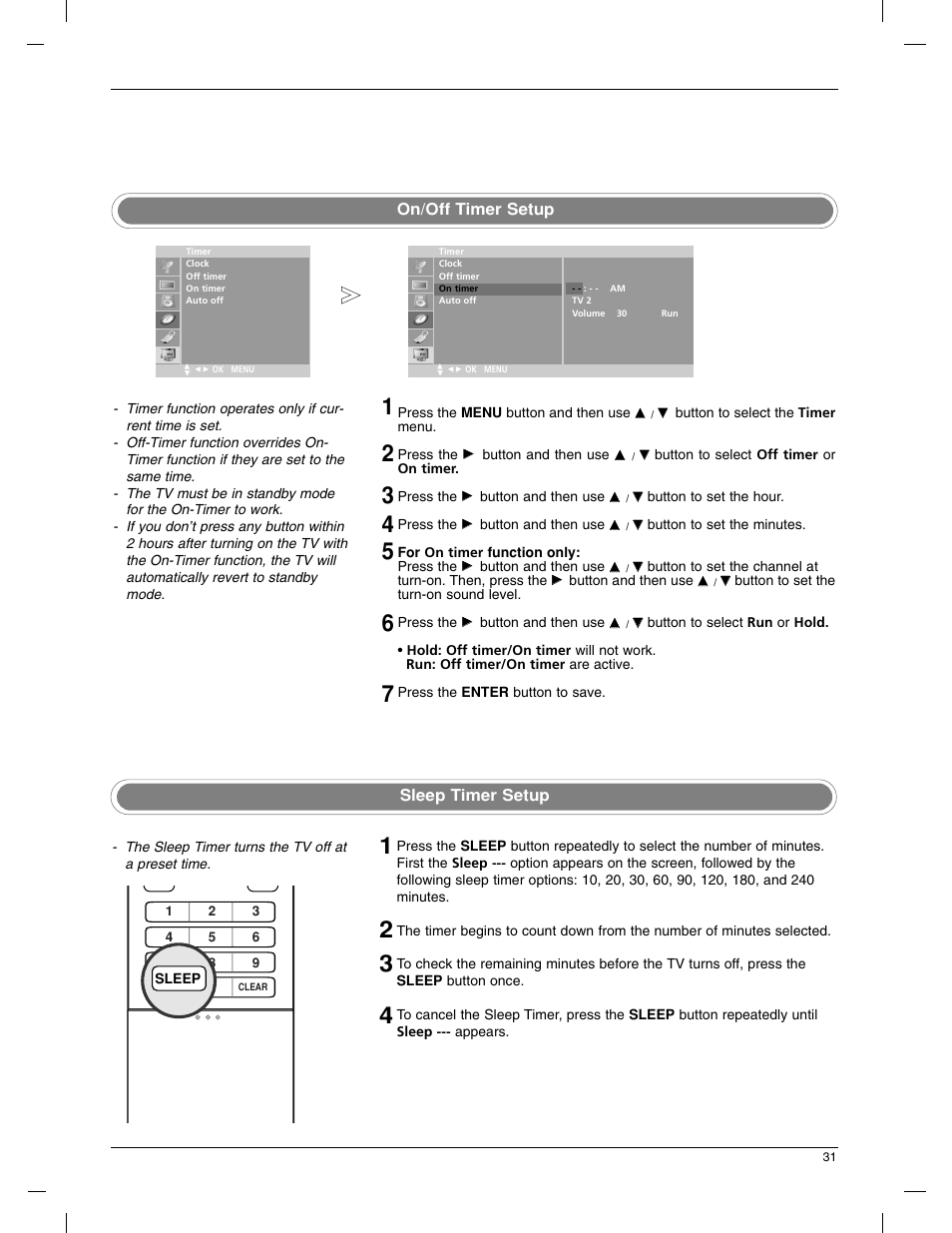 On/off timer setup, Sleep timer setup | LG 23LX1RV User Manual | Page 31 / 68