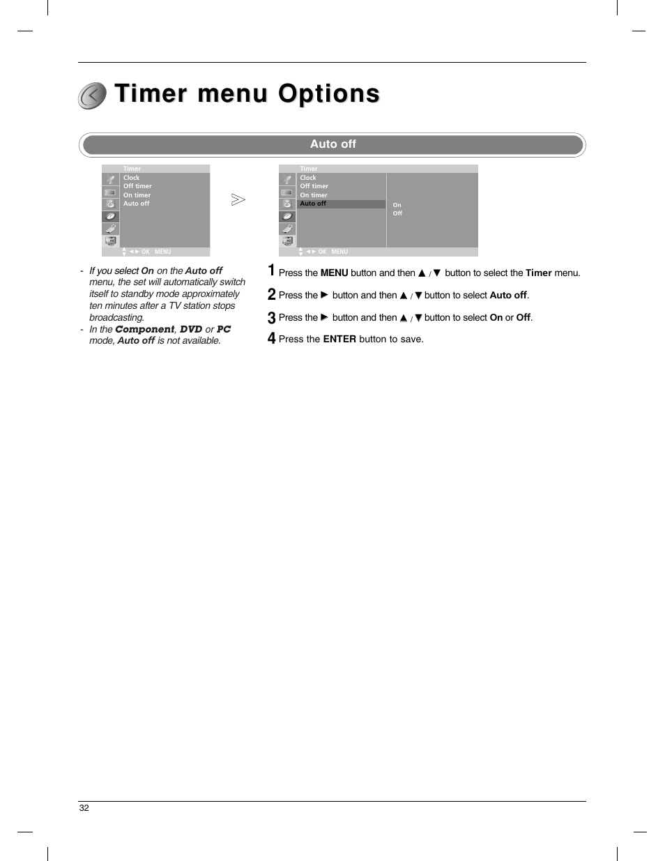 Timer menu options imer menu options | LG 23LX1RV User Manual | Page 32 / 68