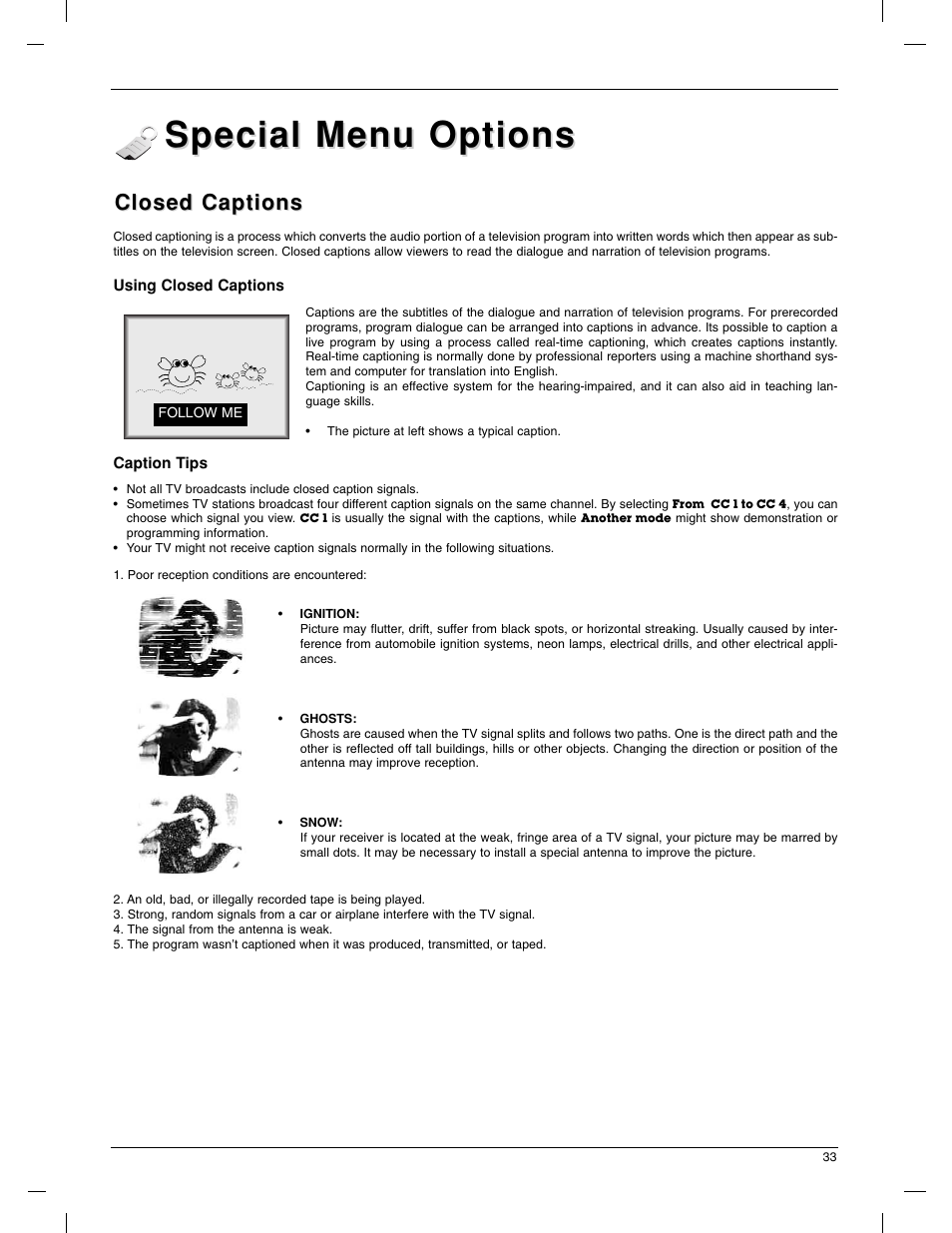 Special menu options, Closed captions | LG 23LX1RV User Manual | Page 33 / 68