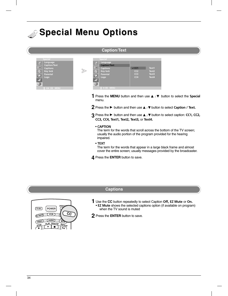 Special menu options, Caption/text, Captions | LG 23LX1RV User Manual | Page 34 / 68
