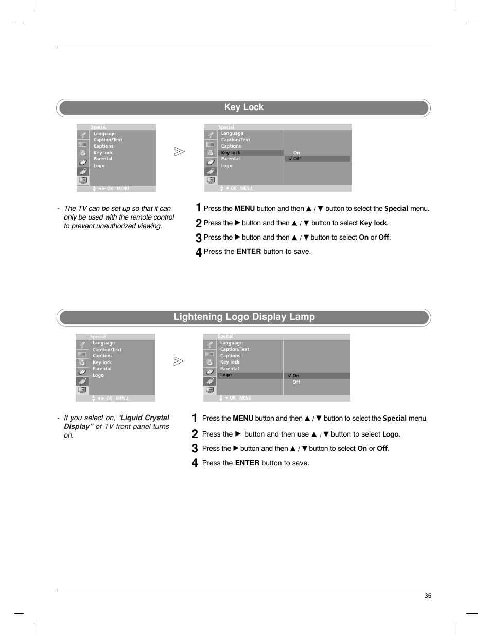 Lightening logo display lamp, Key lock | LG 23LX1RV User Manual | Page 35 / 68