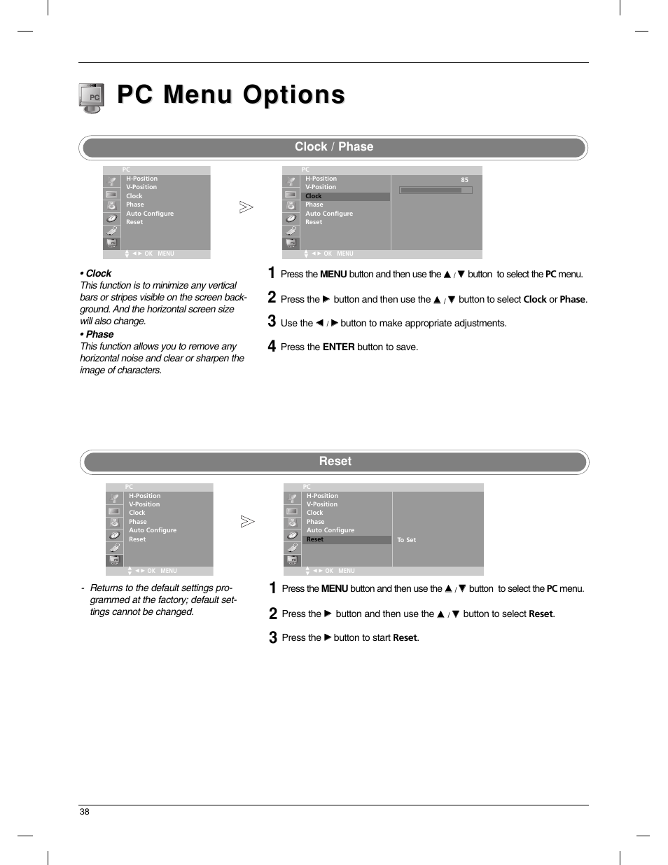 Pc menu options, Clock / phase, Reset | LG 23LX1RV User Manual | Page 38 / 68