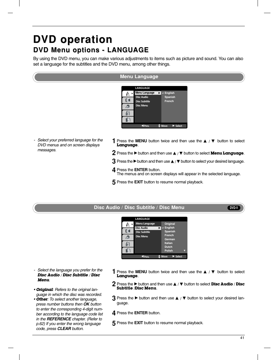 Dvd operation, Dvd menu options - language, Menu language | Disc audio / disc subtitle / disc menu | LG 23LX1RV User Manual | Page 41 / 68