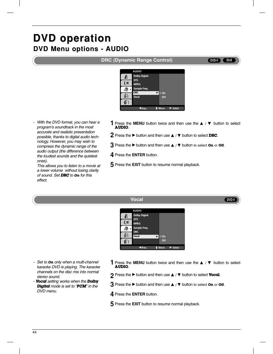 Dvd operation, Dvd menu options, Dvd menu options - audio audio | Drc (dynamic range control), Vocal | LG 23LX1RV User Manual | Page 44 / 68
