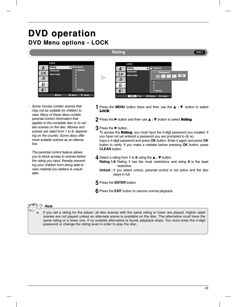 Dvd operation, Dvd menu options - lock, Rating | LG 23LX1RV User Manual | Page 45 / 68