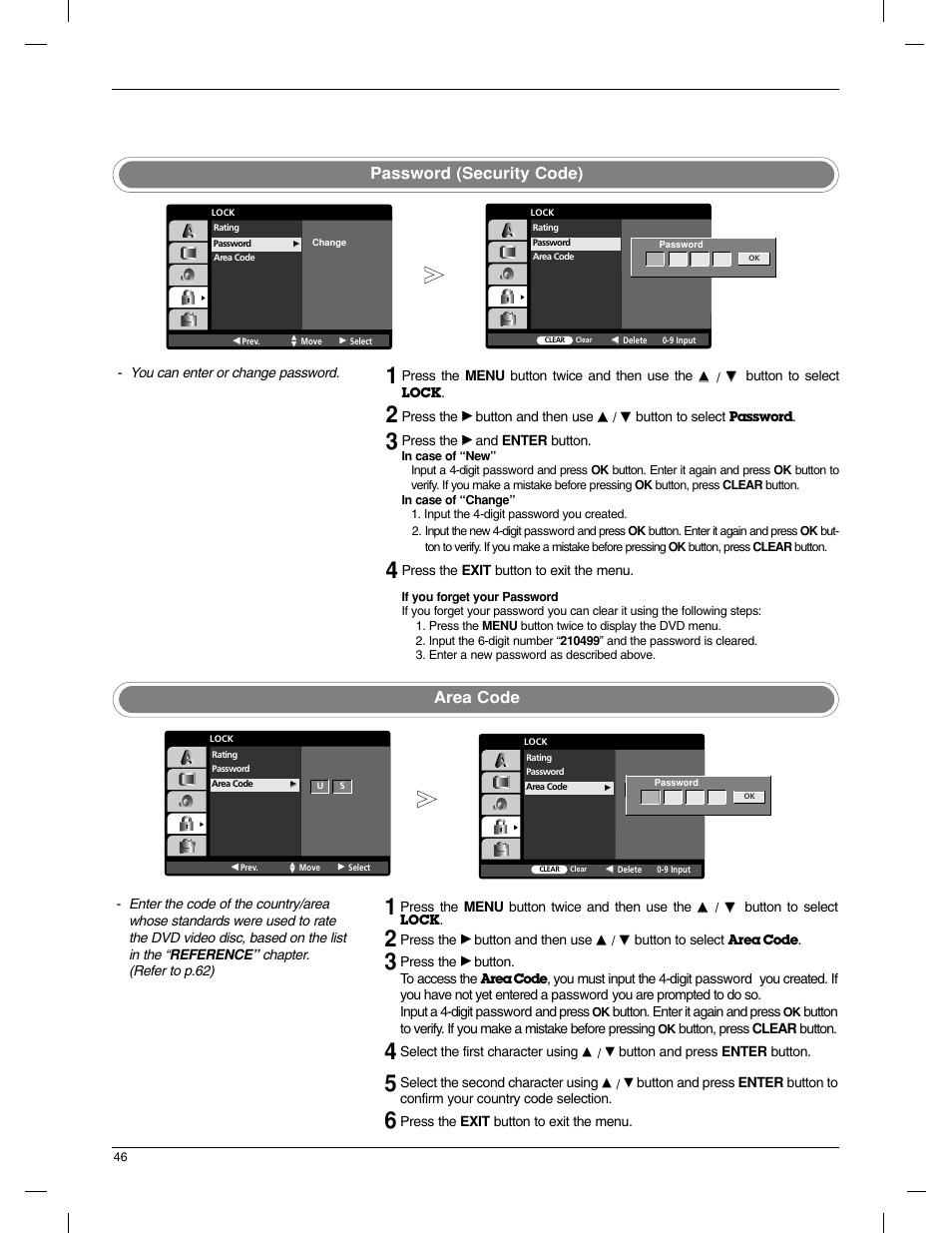 Password (security code), Area code | LG 23LX1RV User Manual | Page 46 / 68