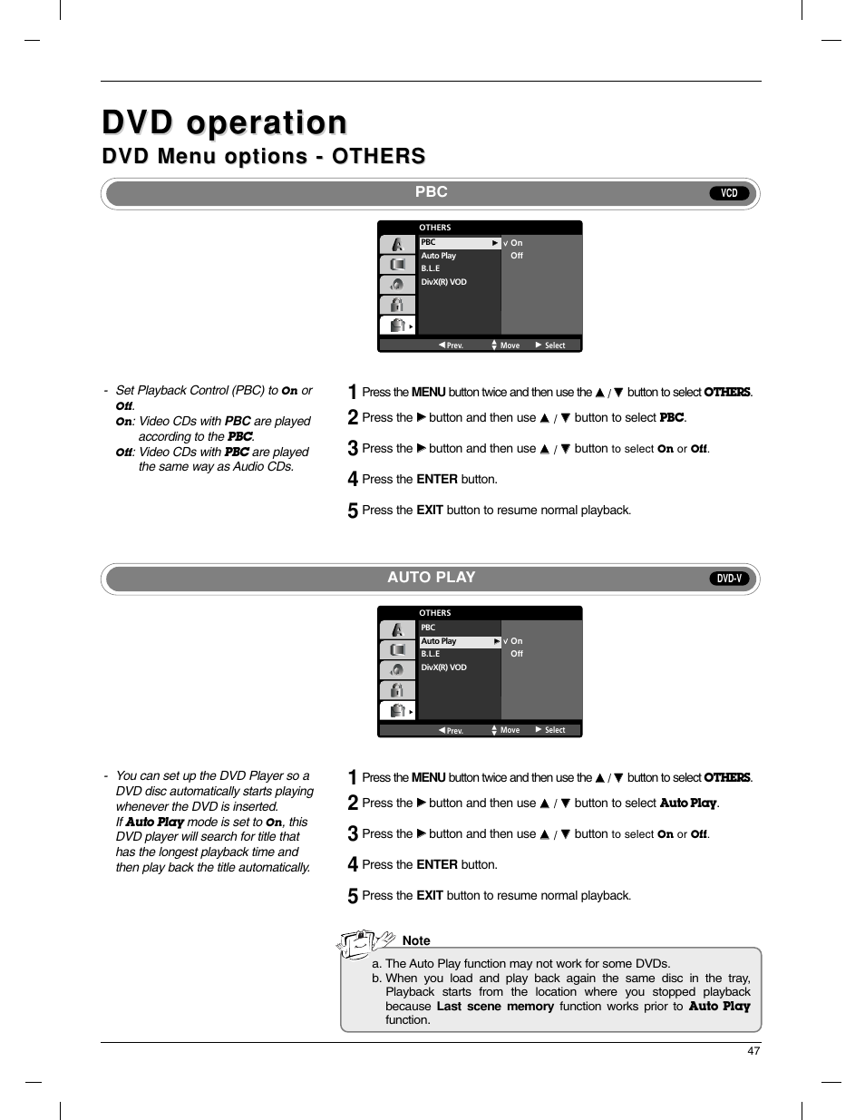 Dvd operation, Dvd menu options - others, Auto play | LG 23LX1RV User Manual | Page 47 / 68