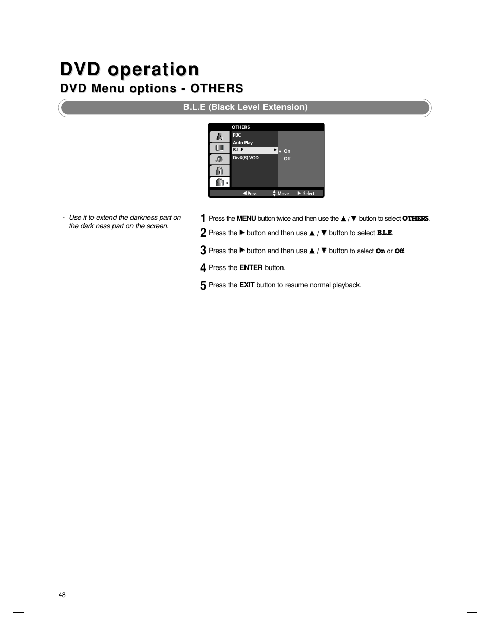 Dvd operation, Dvd menu options - others, B.l.e (black level extension) | LG 23LX1RV User Manual | Page 48 / 68