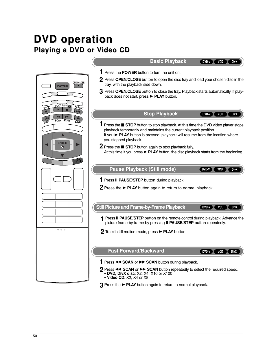 Dvd operation, Playing a dvd or v, Playing a dvd or v ideo cd ideo cd | Basic playback, Stop playback, Pause playback (still mode), Fast forward/backward, Still picture and frame-by-frame playback | LG 23LX1RV User Manual | Page 50 / 68