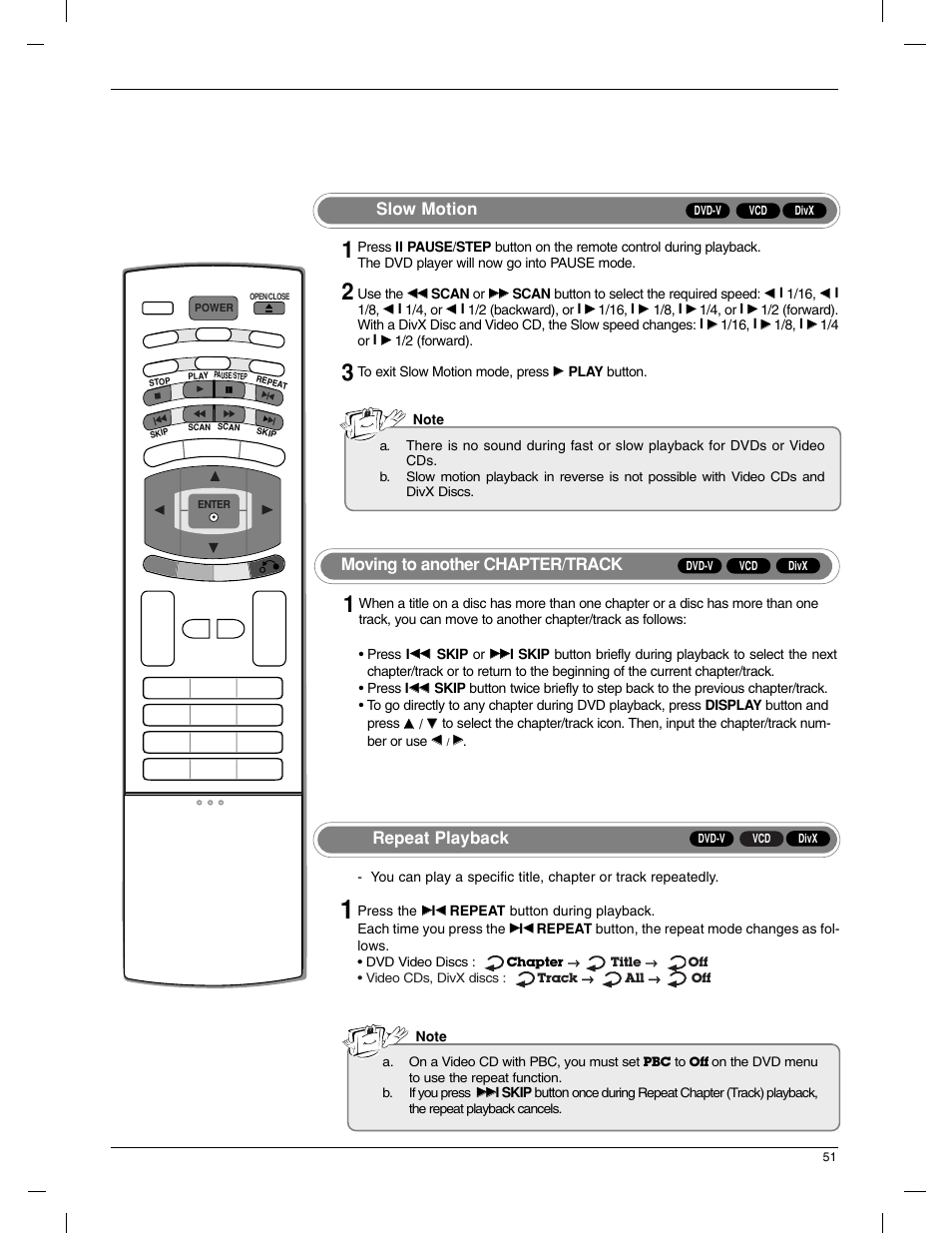 Slow motion, Moving to another chapter/track, Repeat playback | LG 23LX1RV User Manual | Page 51 / 68