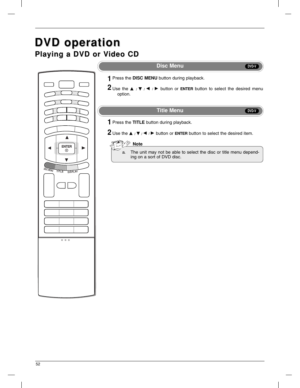 Dvd operation, Playing a dvd or v, Playing a dvd or v ideo cd ideo cd | LG 23LX1RV User Manual | Page 52 / 68