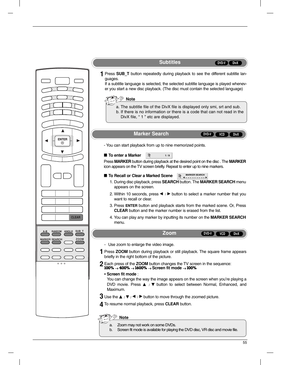 Subtitles, Marker search, Zoom | LG 23LX1RV User Manual | Page 55 / 68