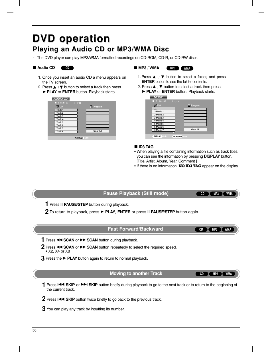 Dvd operation, Playing an, Pause playback (still mode) | Moving to another track, Fast forward/backward | LG 23LX1RV User Manual | Page 56 / 68