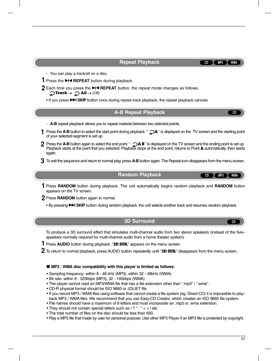 Repeat playback, A-b repeat playback, Random playback | 3d surround | LG 23LX1RV User Manual | Page 57 / 68