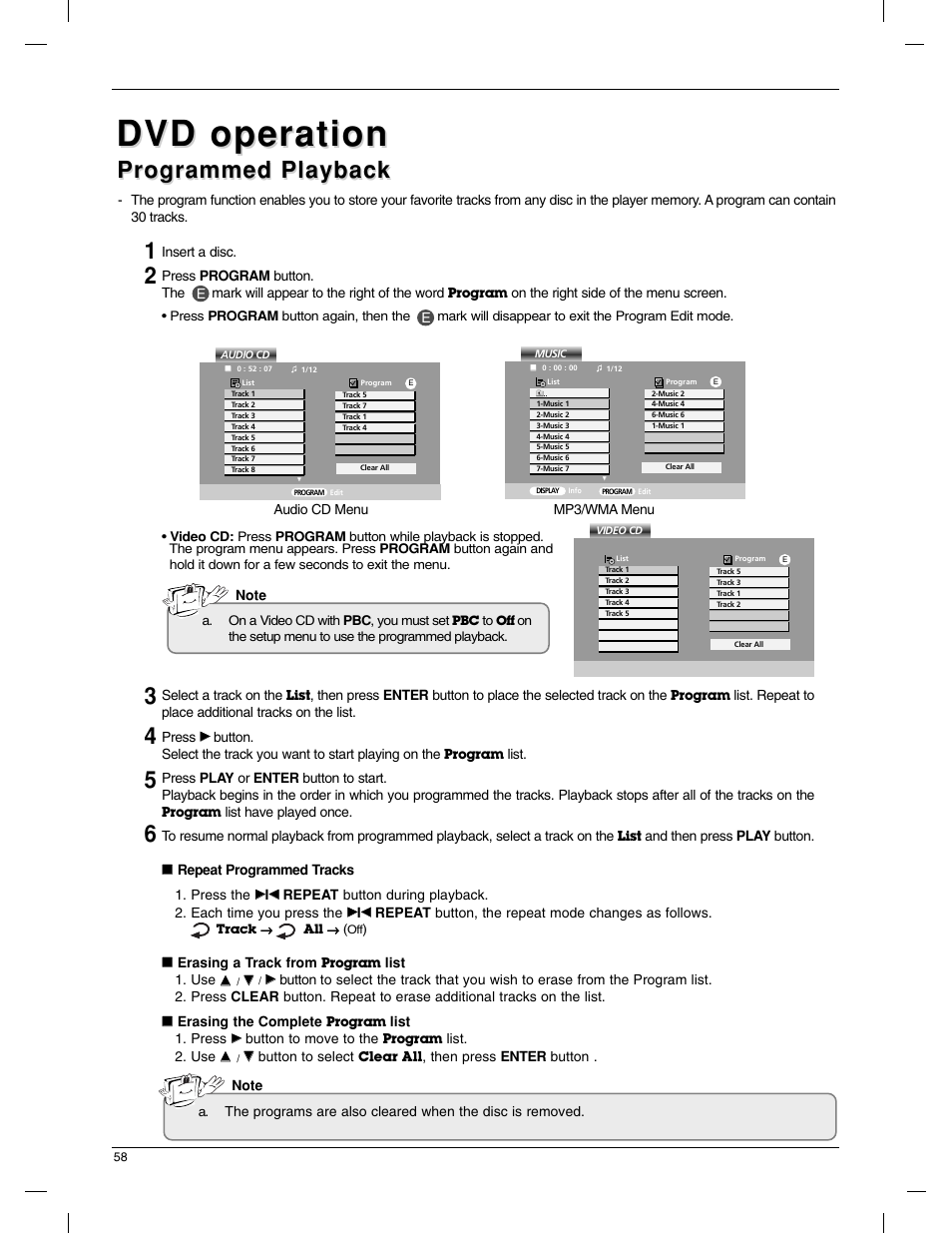 Dvd operation, Programmed playback | LG 23LX1RV User Manual | Page 58 / 68