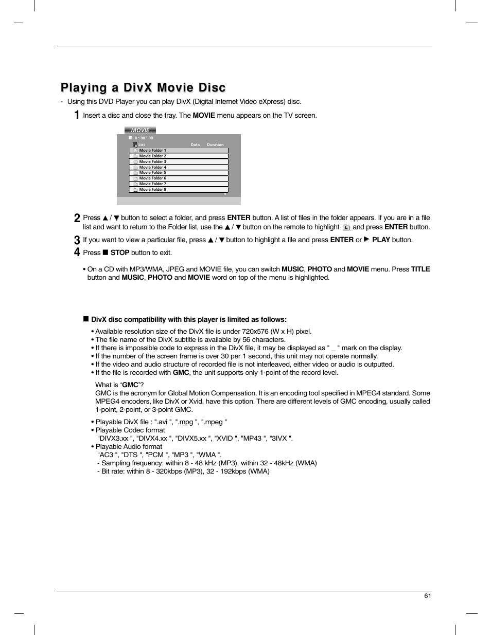 Playing a divx movie disc | LG 23LX1RV User Manual | Page 61 / 68