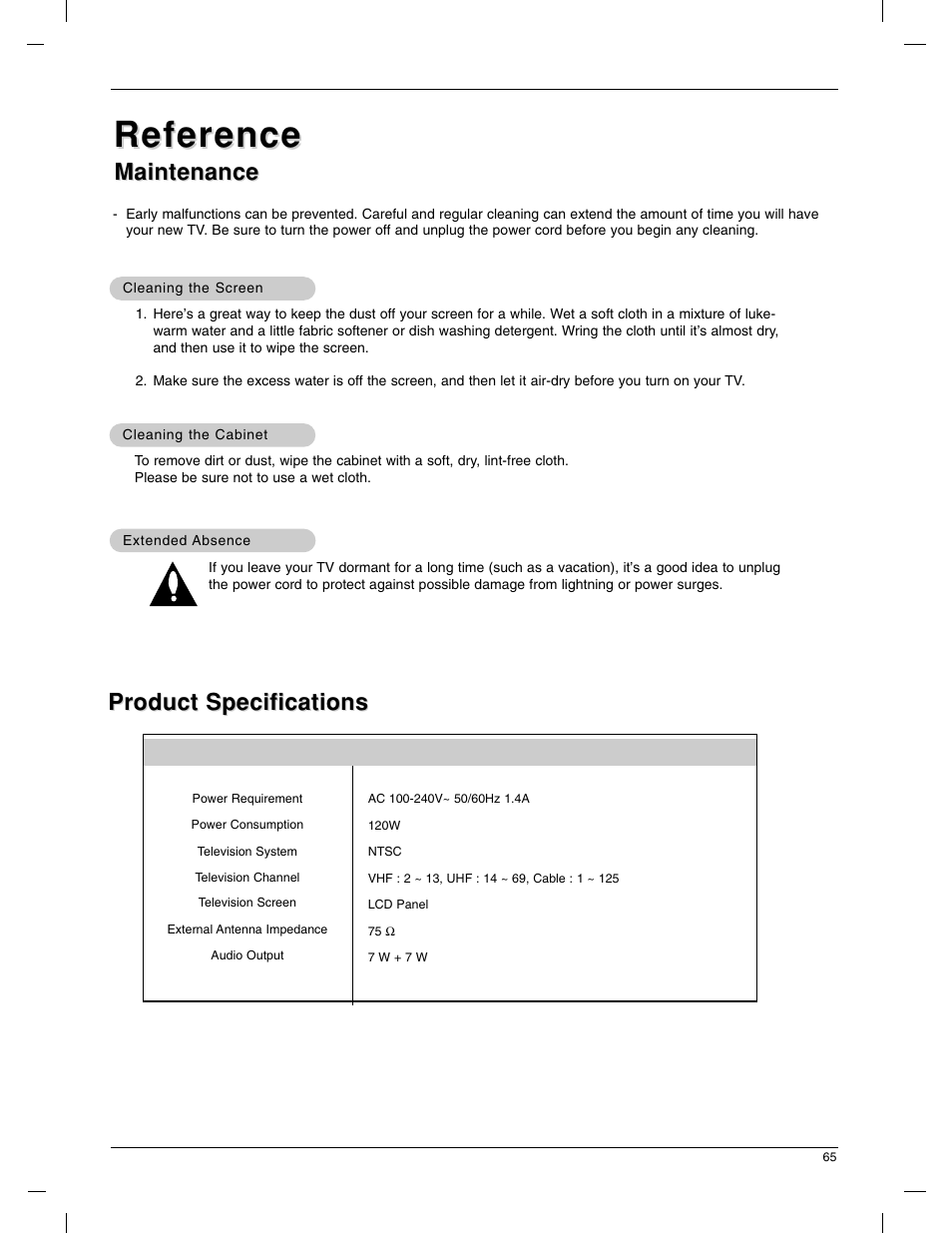 Reference, Maintenance, Product specifications | LG 23LX1RV User Manual | Page 65 / 68
