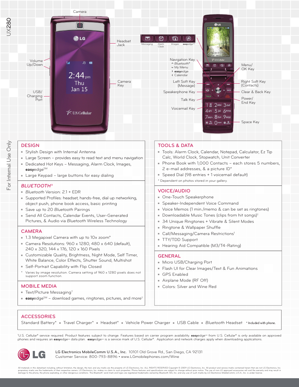 Ux 280, For in te rn al u se o nl y, Accessories | Design, Bluetooth, Camera, Mobile media, Tools & data, Voice/audio, General | LG Wine User Manual | Page 2 / 2