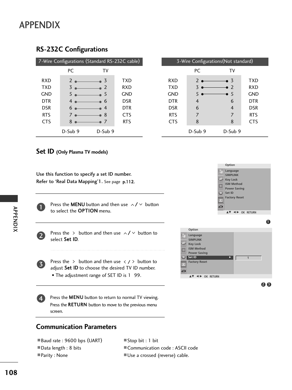 Rs-232c configurations, Communication parameters, Set id | Appendix | LG 326*** User Manual | Page 110 / 116