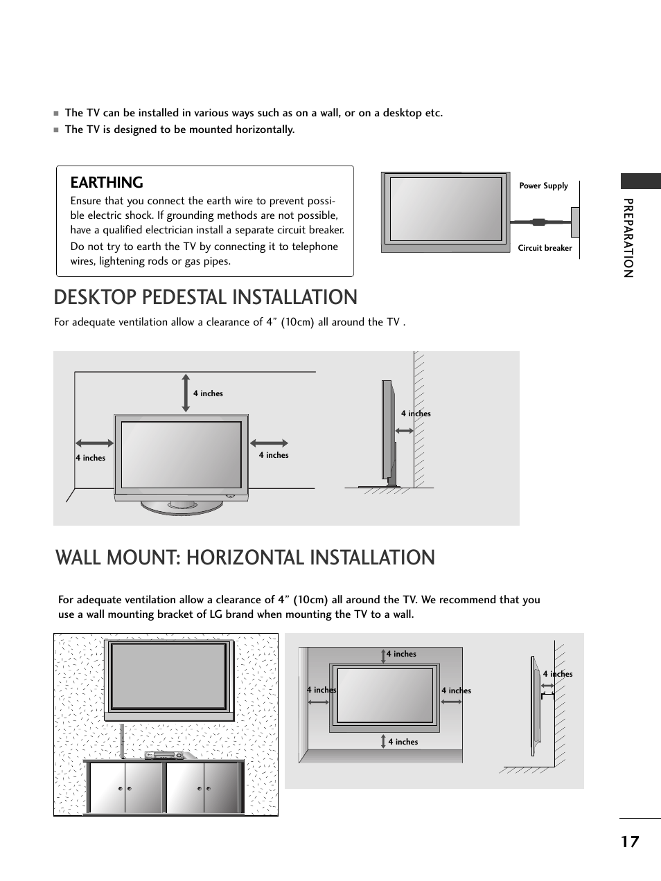 Desktop pedestal installation, Wall mount: horizontal installation, Earthing | LG 326*** User Manual | Page 19 / 116