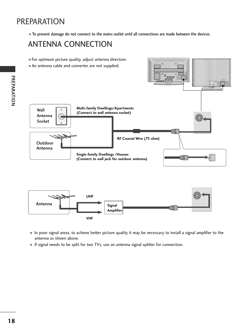 Preparation, Antenna connection, Prep ar a tion | Outdoor antenna, Antenna | LG 326*** User Manual | Page 20 / 116