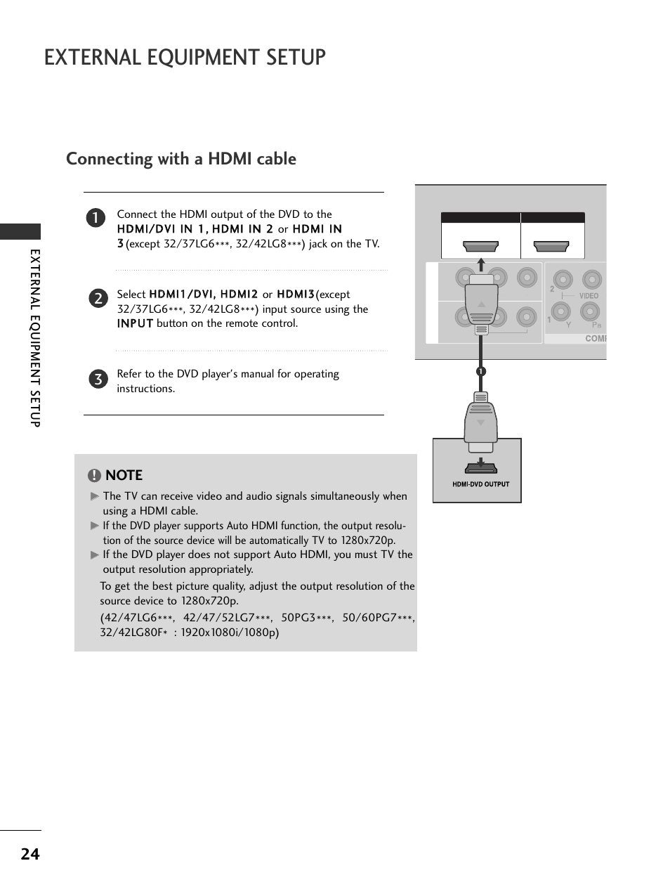 External equipment setup, Connecting with a hdmi cable, External eq uipment setup | LG 326*** User Manual | Page 26 / 116