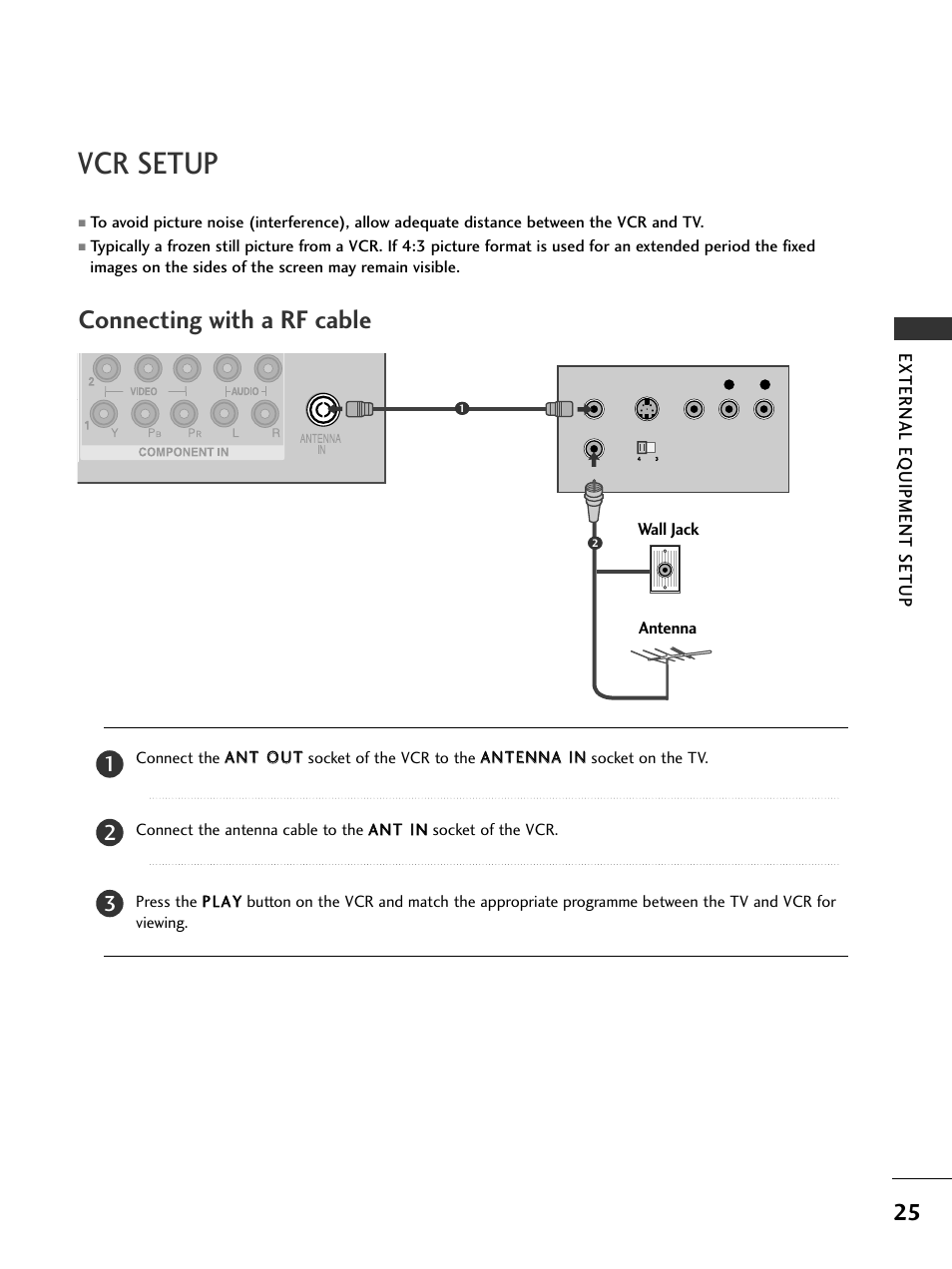 Vcr setup, Connecting with a rf cable, External eq uipment setup | LG 326*** User Manual | Page 27 / 116