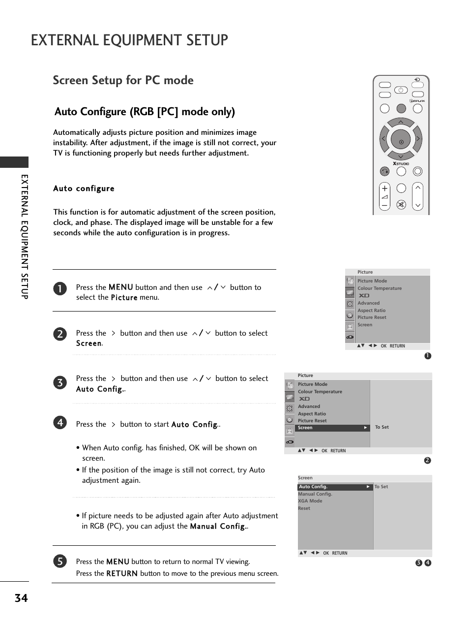 External equipment setup, Screen setup for pc mode, Auto configure (rgb [pc] mode only) | External eq uipment setup | LG 326*** User Manual | Page 36 / 116