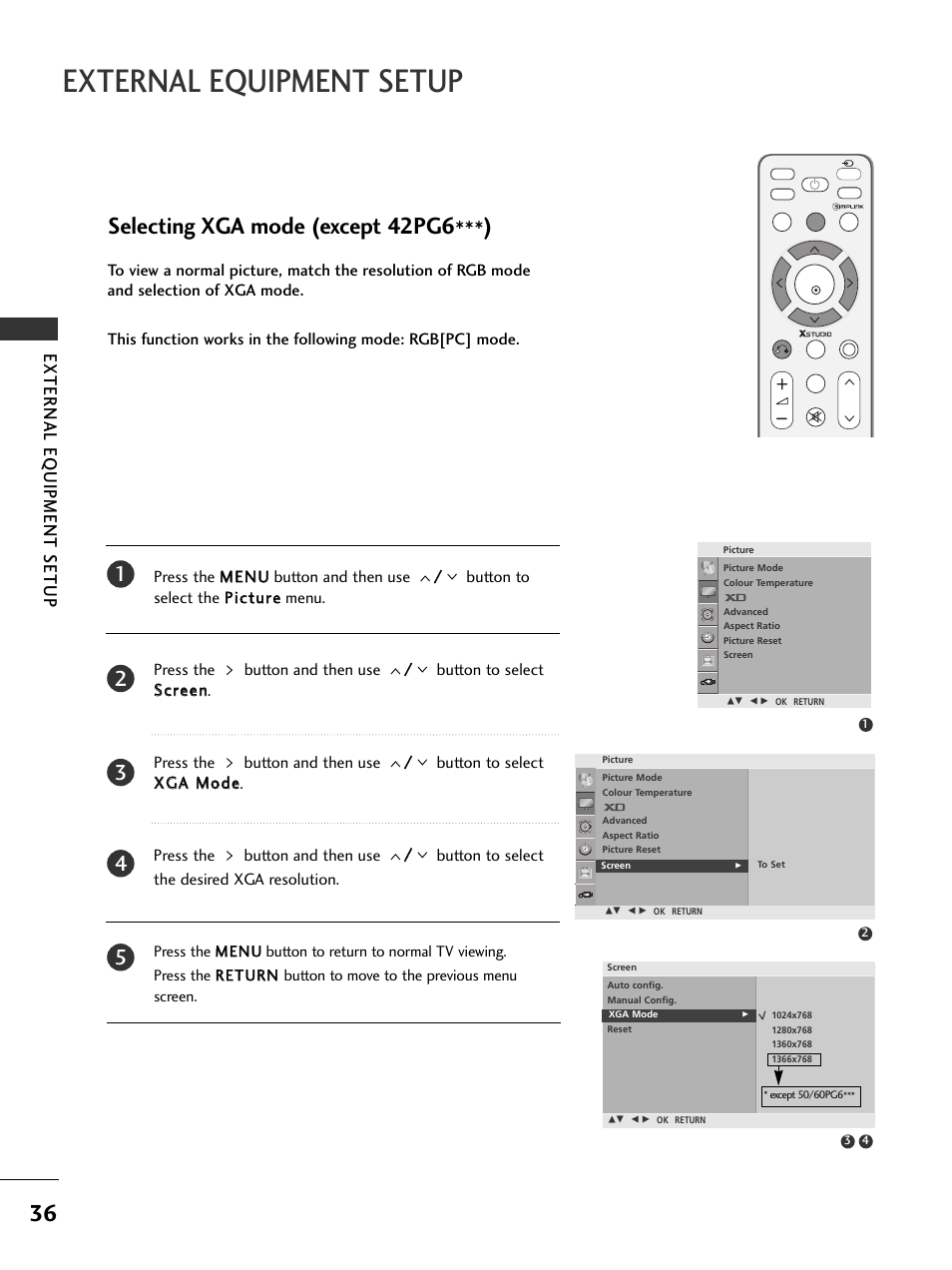 External equipment setup, Selecting xga mode (except 42pg6***), External eq uipment setup | LG 326*** User Manual | Page 38 / 116