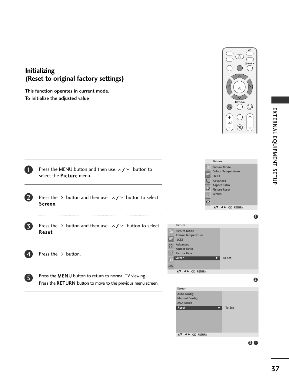 Initializing (reset to original factory settings), External eq uipment setup | LG 326*** User Manual | Page 39 / 116