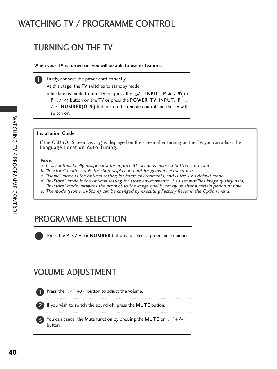 Watching tv / programme control, Programme selection turning on the tv, Volume adjustment | LG 326*** User Manual | Page 42 / 116