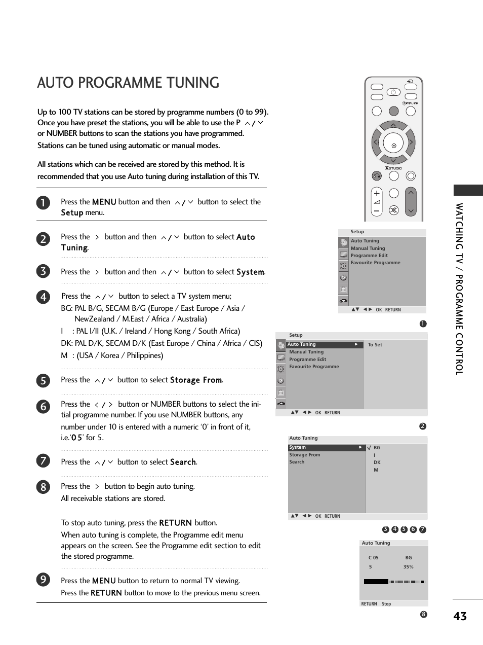 Auto programme tuning, Wa tching tv / pr ogr amme contr ol | LG 326*** User Manual | Page 45 / 116
