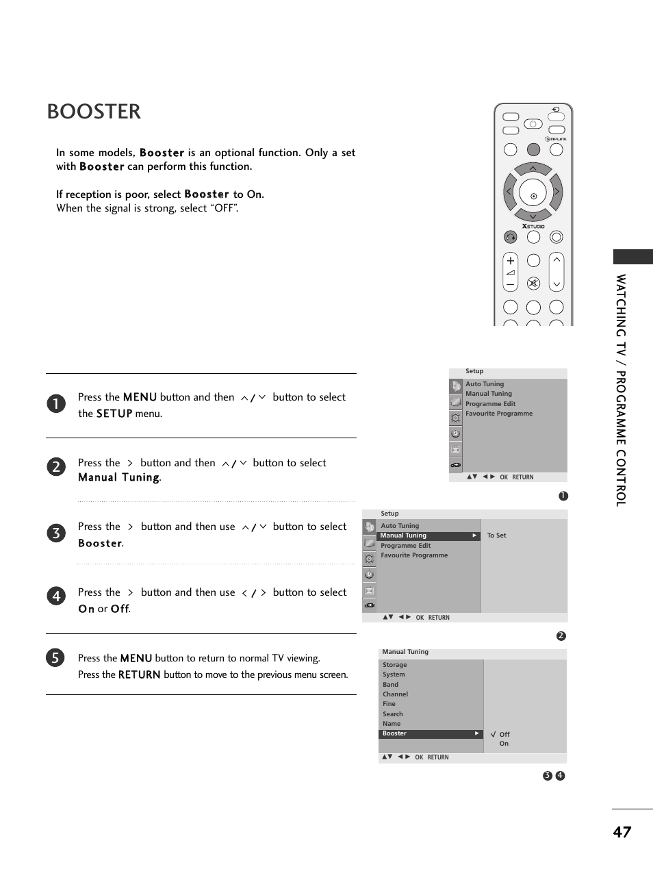 Booster, Wa tching tv / pr ogr amme contr ol | LG 326*** User Manual | Page 49 / 116