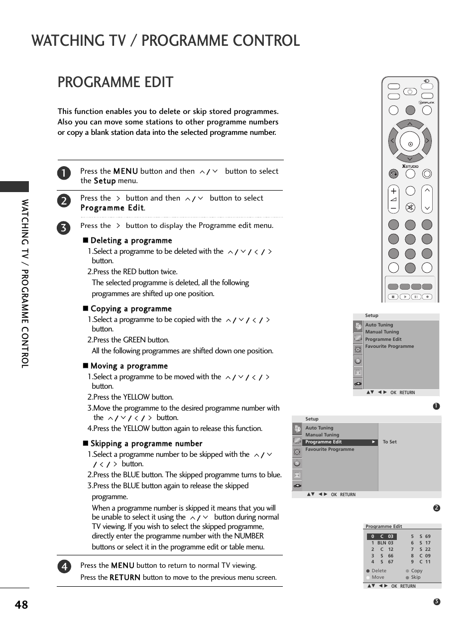 Watching tv / programme control, Programme edit, Wa tching tv / pr ogr amme contr ol | LG 326*** User Manual | Page 50 / 116