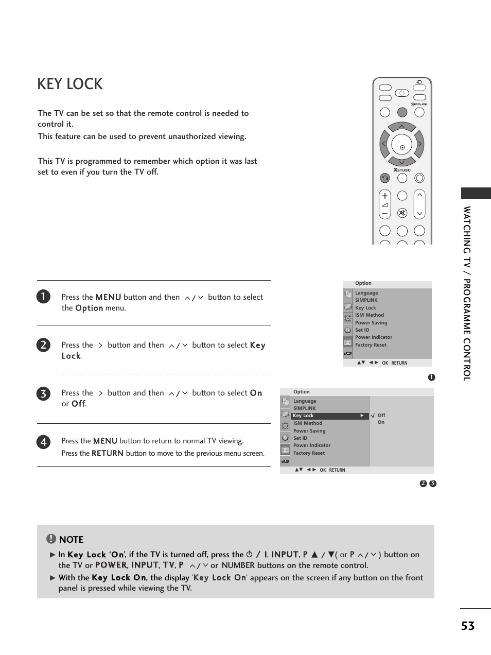 Key lock, Wa tching tv / pr ogr amme contr ol | LG 326*** User Manual | Page 55 / 116